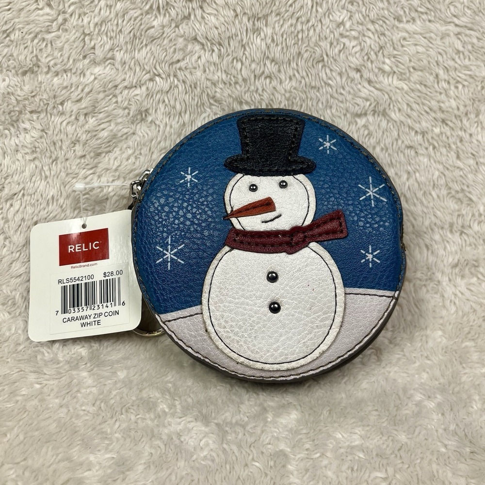 Relic Snowman Round Coin Purse Key Chain Zip Brown Jewelry Pouch Cosmetic Bag 4"